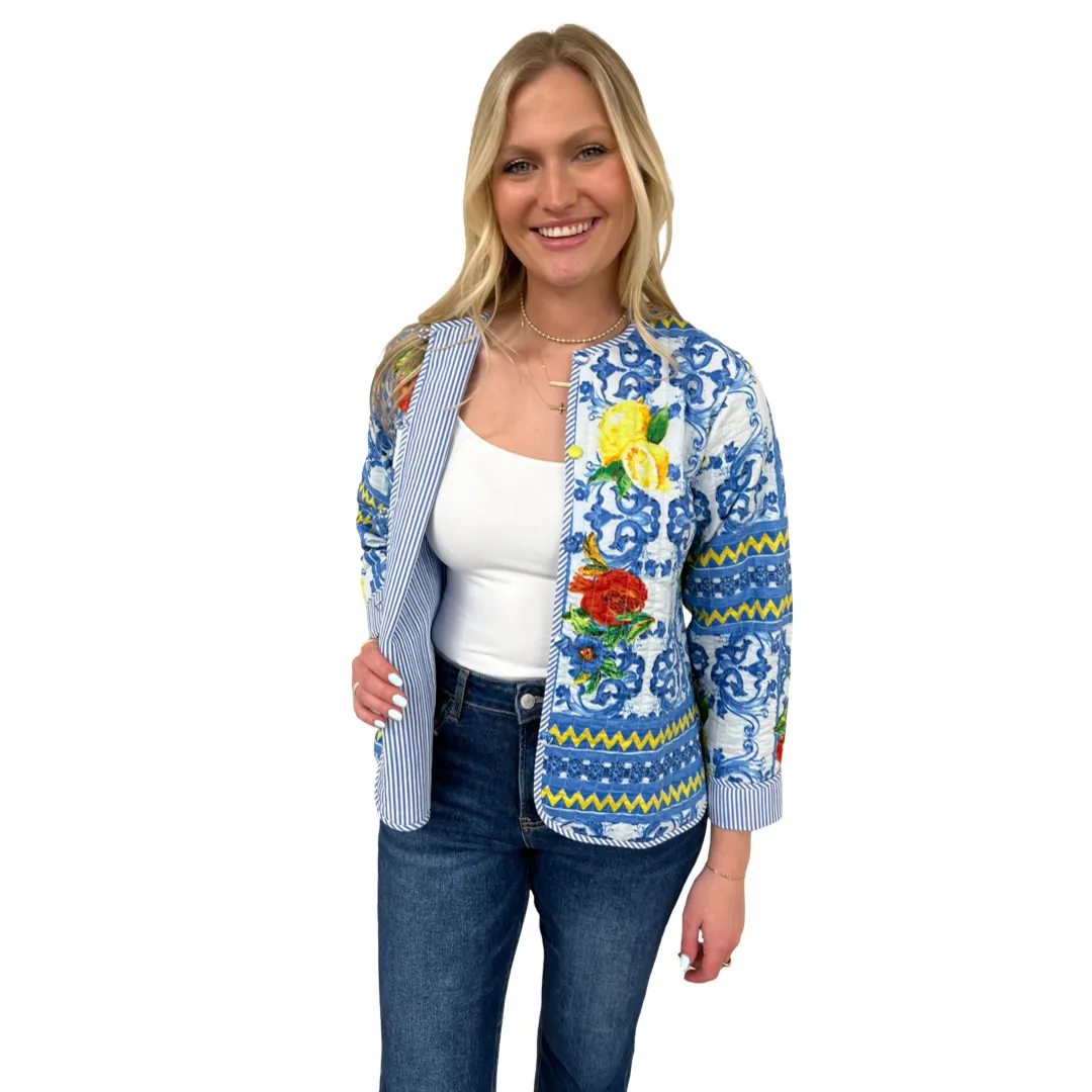 The Madeline Quilted Reversible Cotton Jacket in Lemon Blue Print