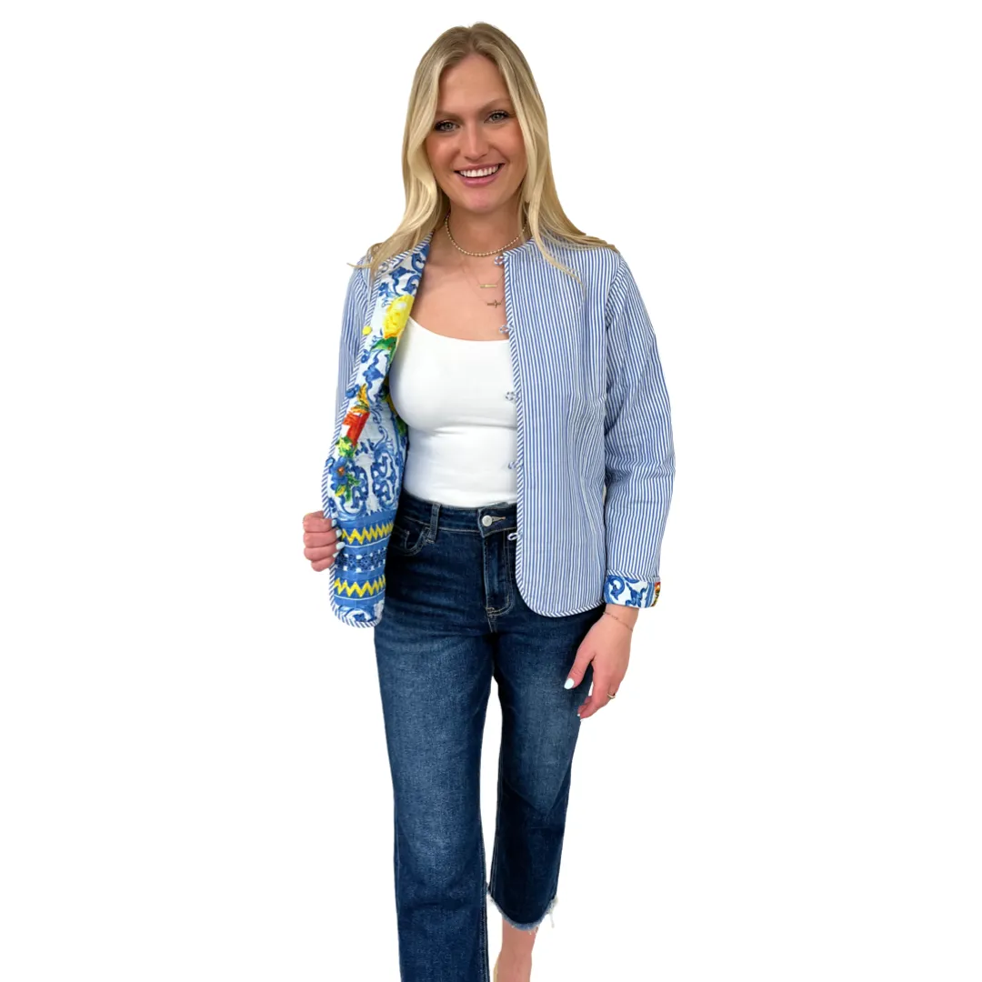 The Madeline Quilted Reversible Cotton Jacket in Lemon Blue Print