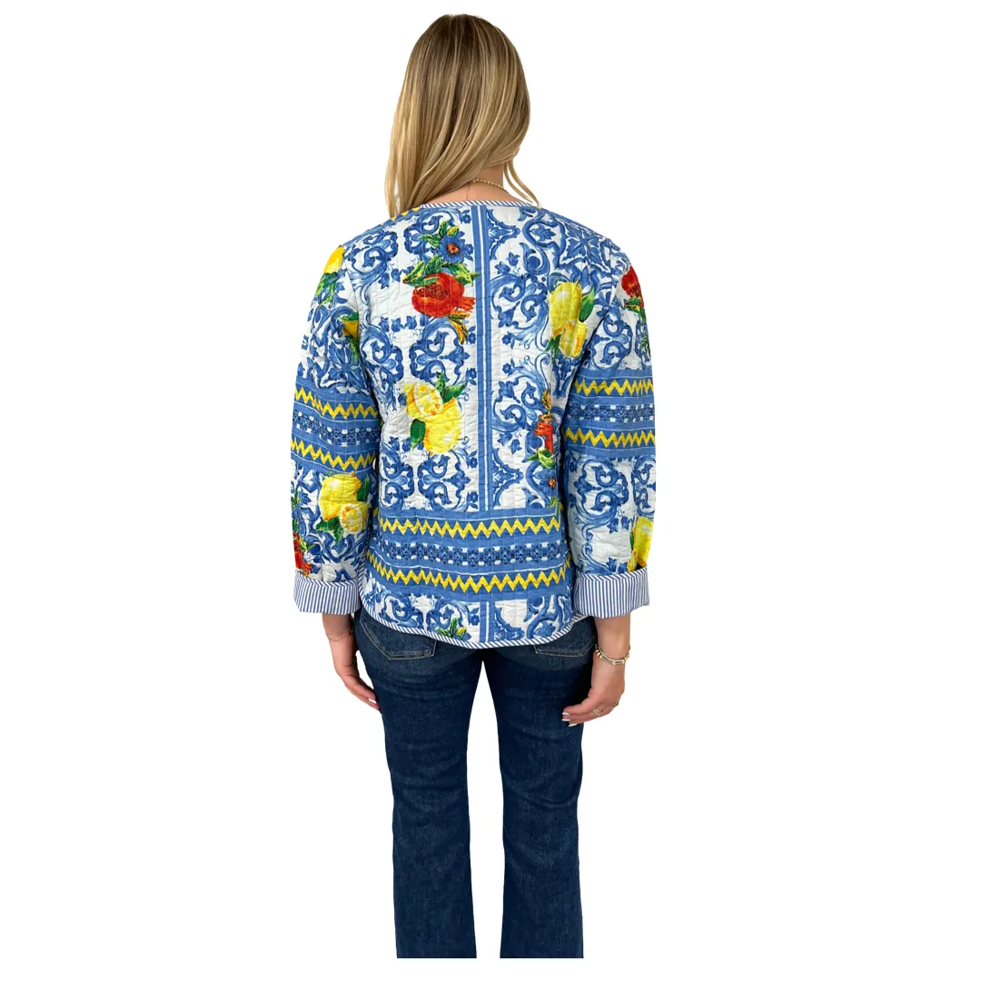 The Madeline Quilted Reversible Cotton Jacket in Lemon Blue Print