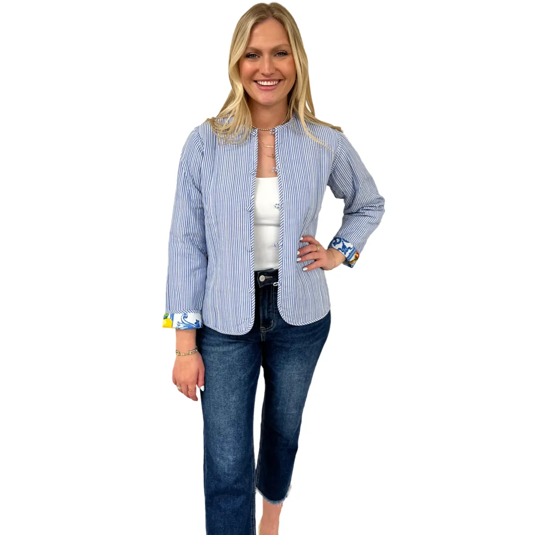 The Madeline Quilted Reversible Cotton Jacket in Lemon Blue Print