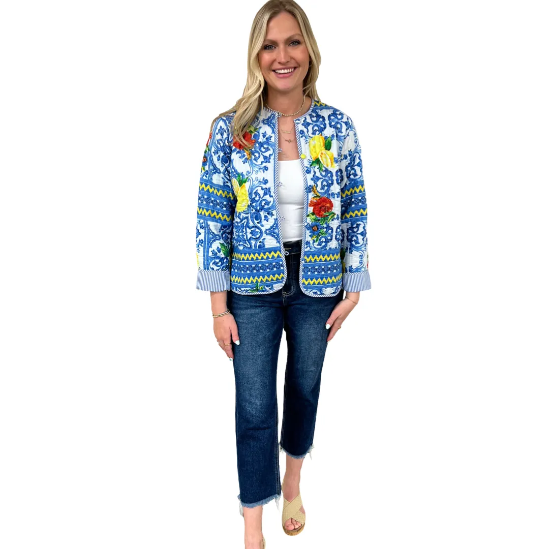 The Madeline Quilted Reversible Cotton Jacket in Lemon Blue Print