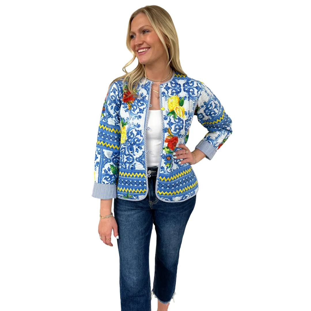 The Madeline Quilted Reversible Cotton Jacket in Lemon Blue Print