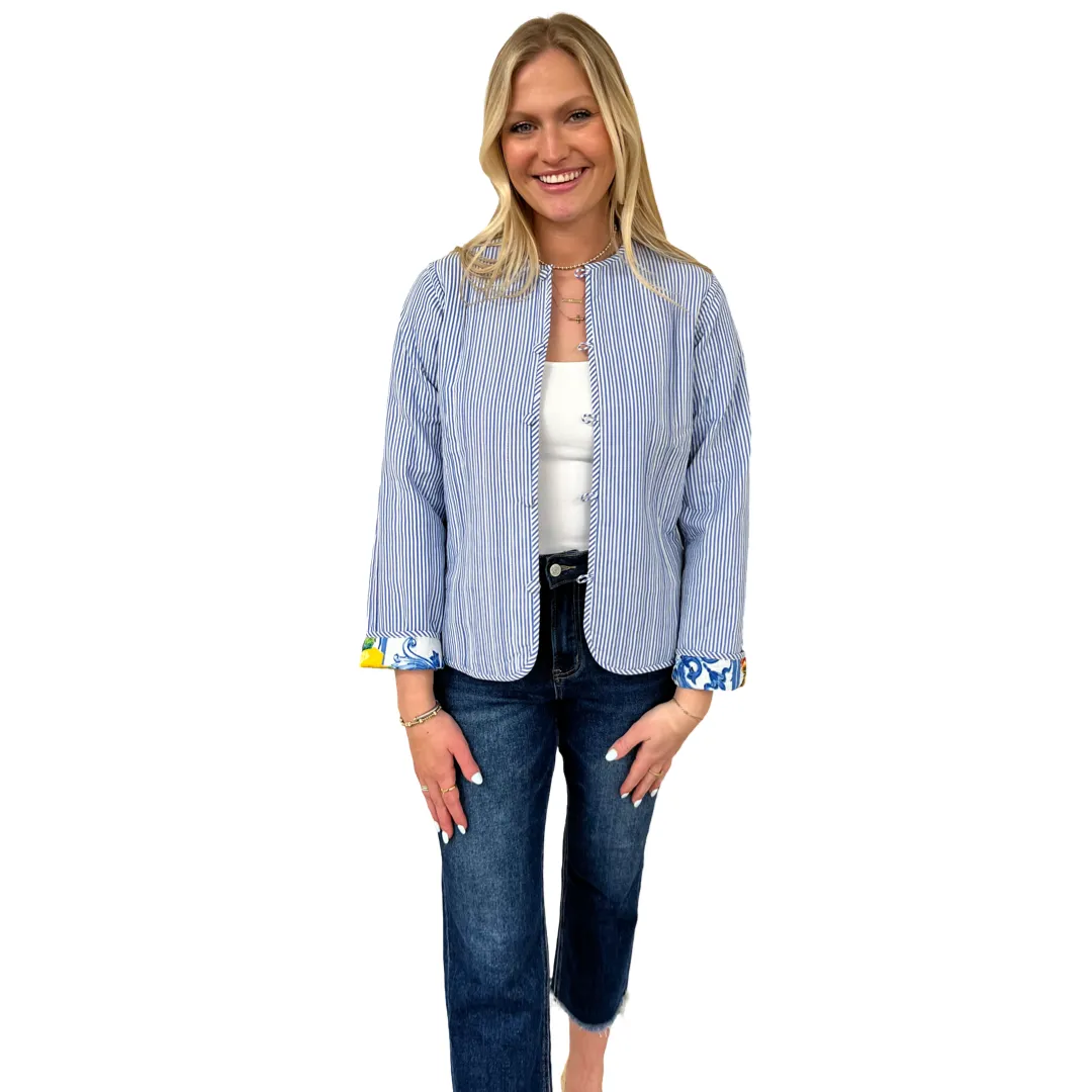 The Madeline Quilted Reversible Cotton Jacket in Lemon Blue Print