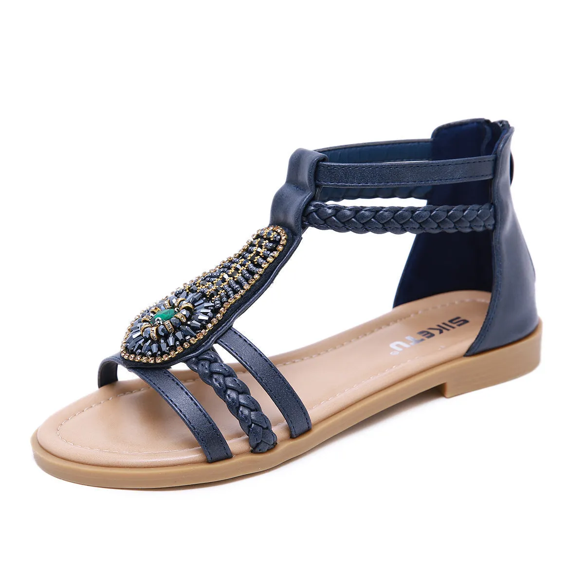 Vanccy Bohemian Vintage Beaded Rhinestone Roman Sandals