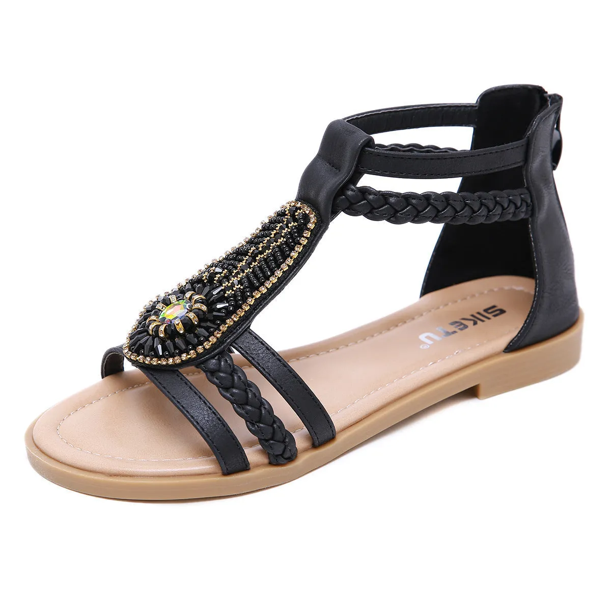 Vanccy Bohemian Vintage Beaded Rhinestone Roman Sandals