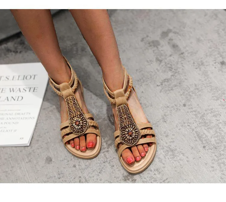 Vanccy Bohemian Vintage Beaded Rhinestone Roman Sandals