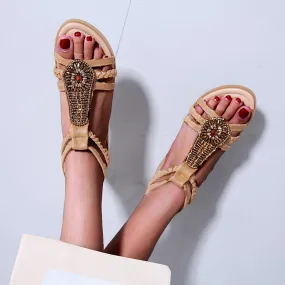 Vanccy Bohemian Vintage Beaded Rhinestone Roman Sandals