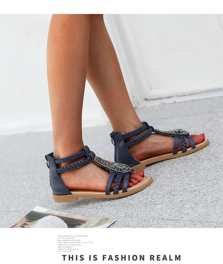 Vanccy Bohemian Vintage Beaded Rhinestone Roman Sandals