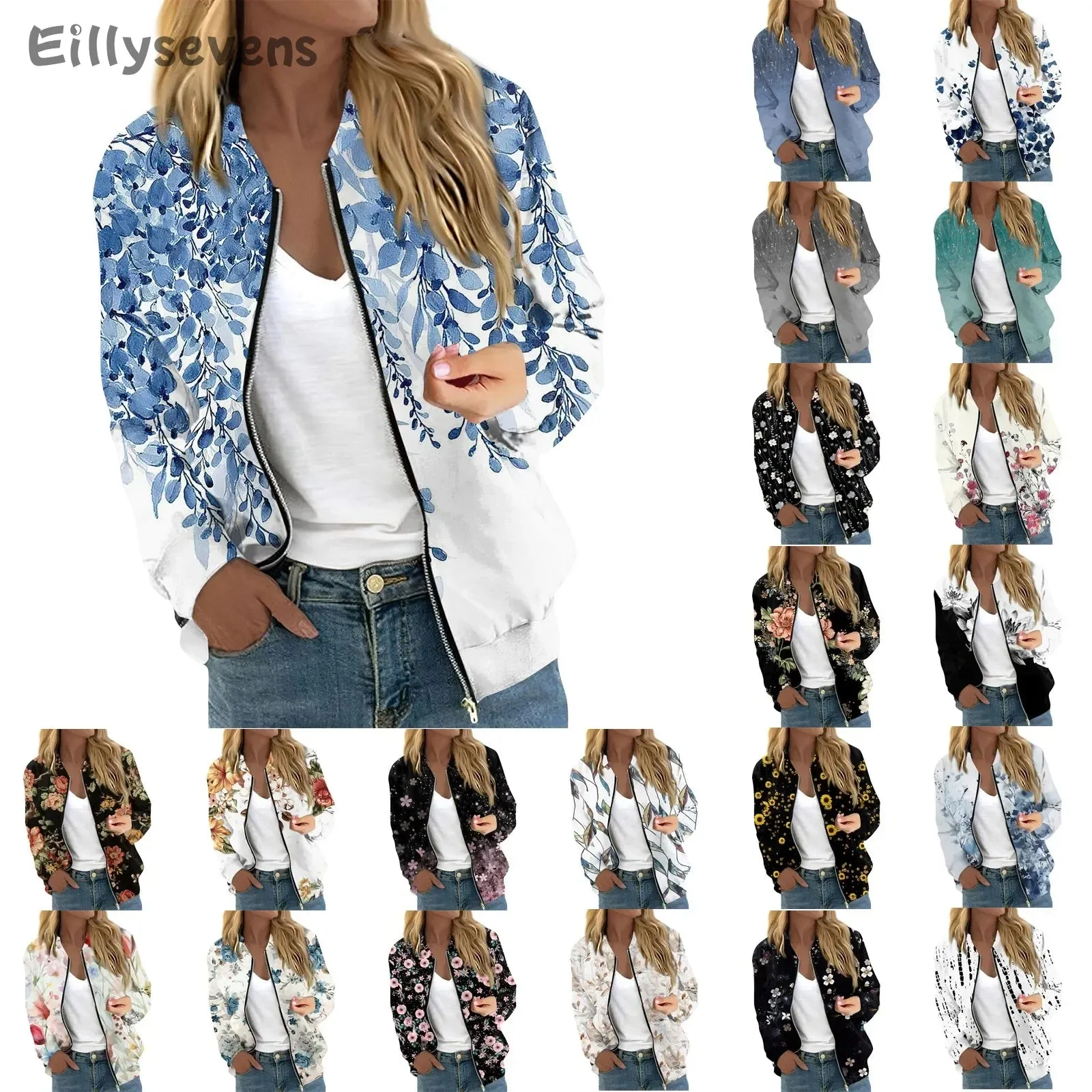 Women Elegant Zipper Bomber Jackets Floral Printed Casual Coat