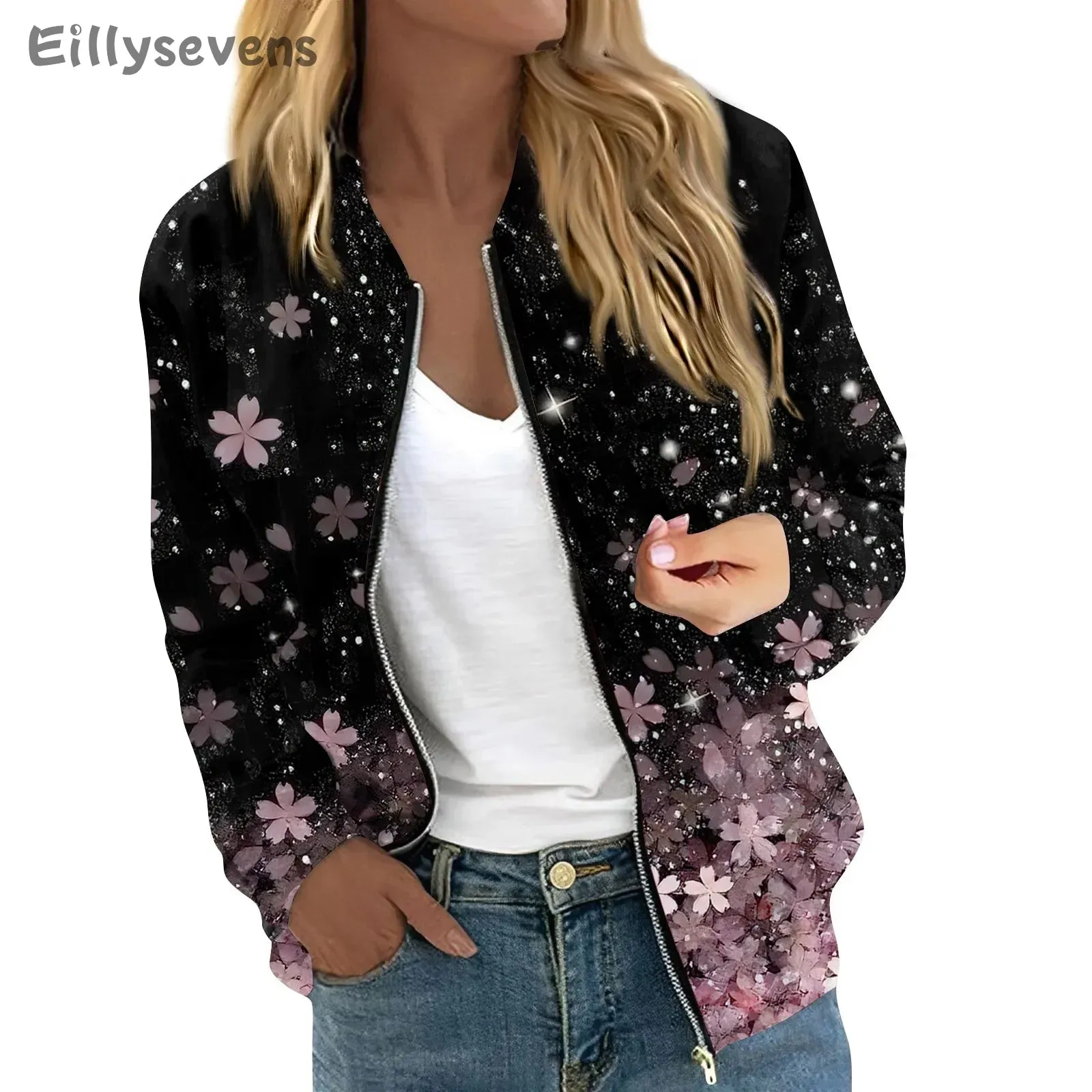 Women Elegant Zipper Bomber Jackets Floral Printed Casual Coat