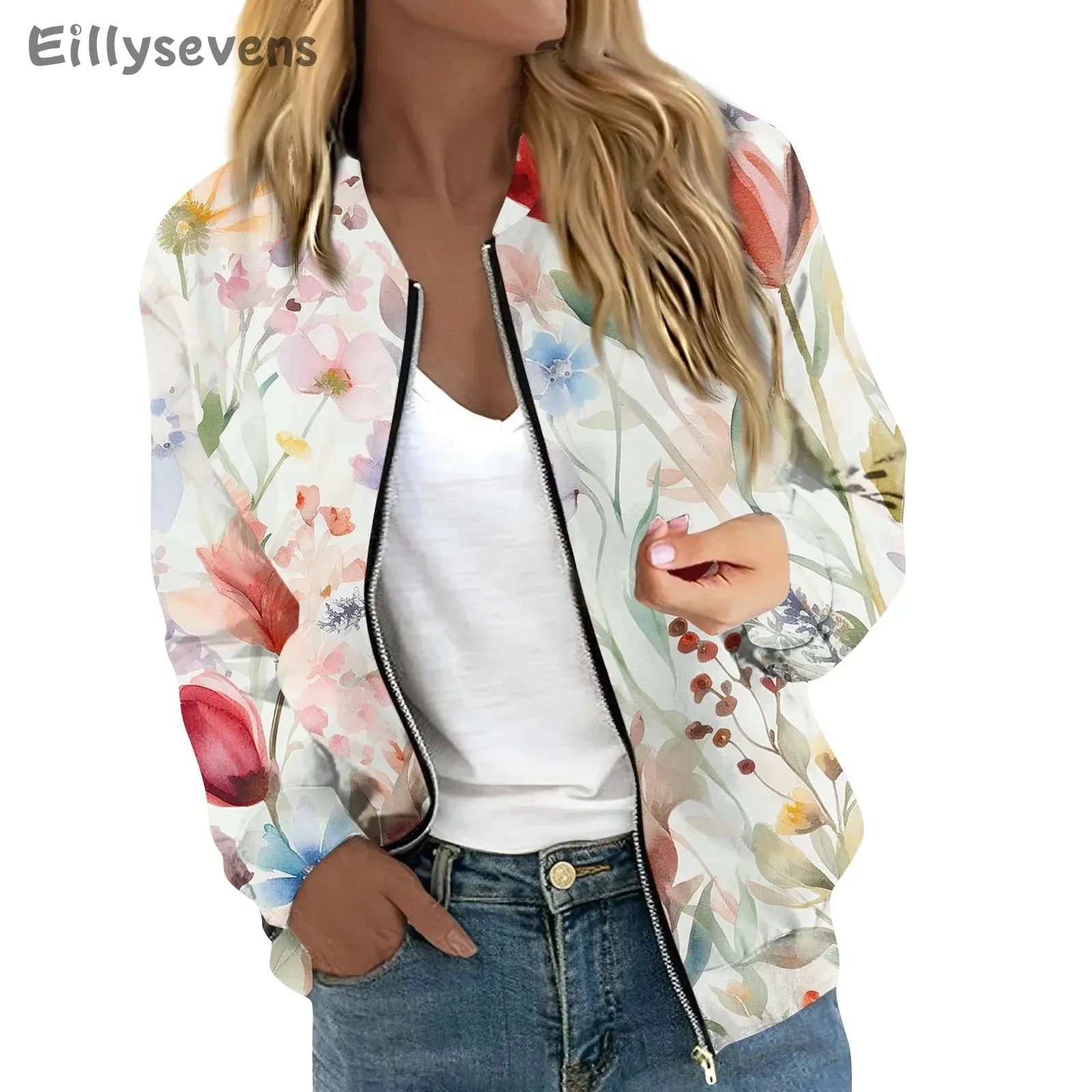 Women Elegant Zipper Bomber Jackets Floral Printed Casual Coat