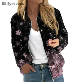 Women Elegant Zipper Bomber Jackets Floral Printed Casual Coat
