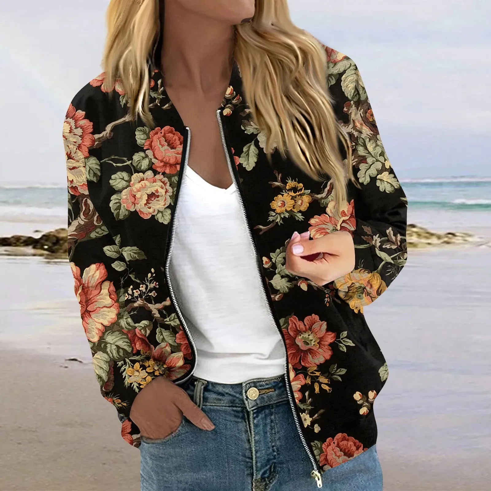 Women Elegant Zipper Bomber Jackets Floral Printed Casual Coat