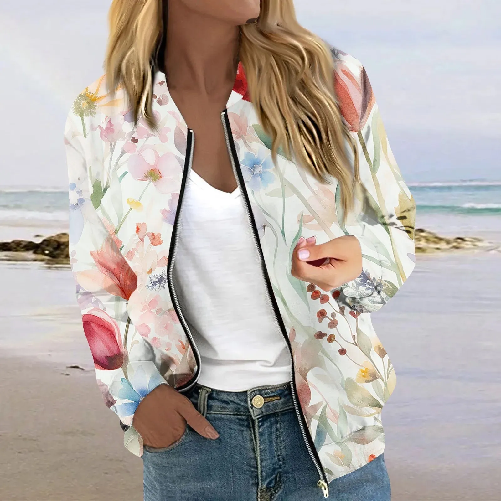 Women Elegant Zipper Bomber Jackets Floral Printed Casual Coat
