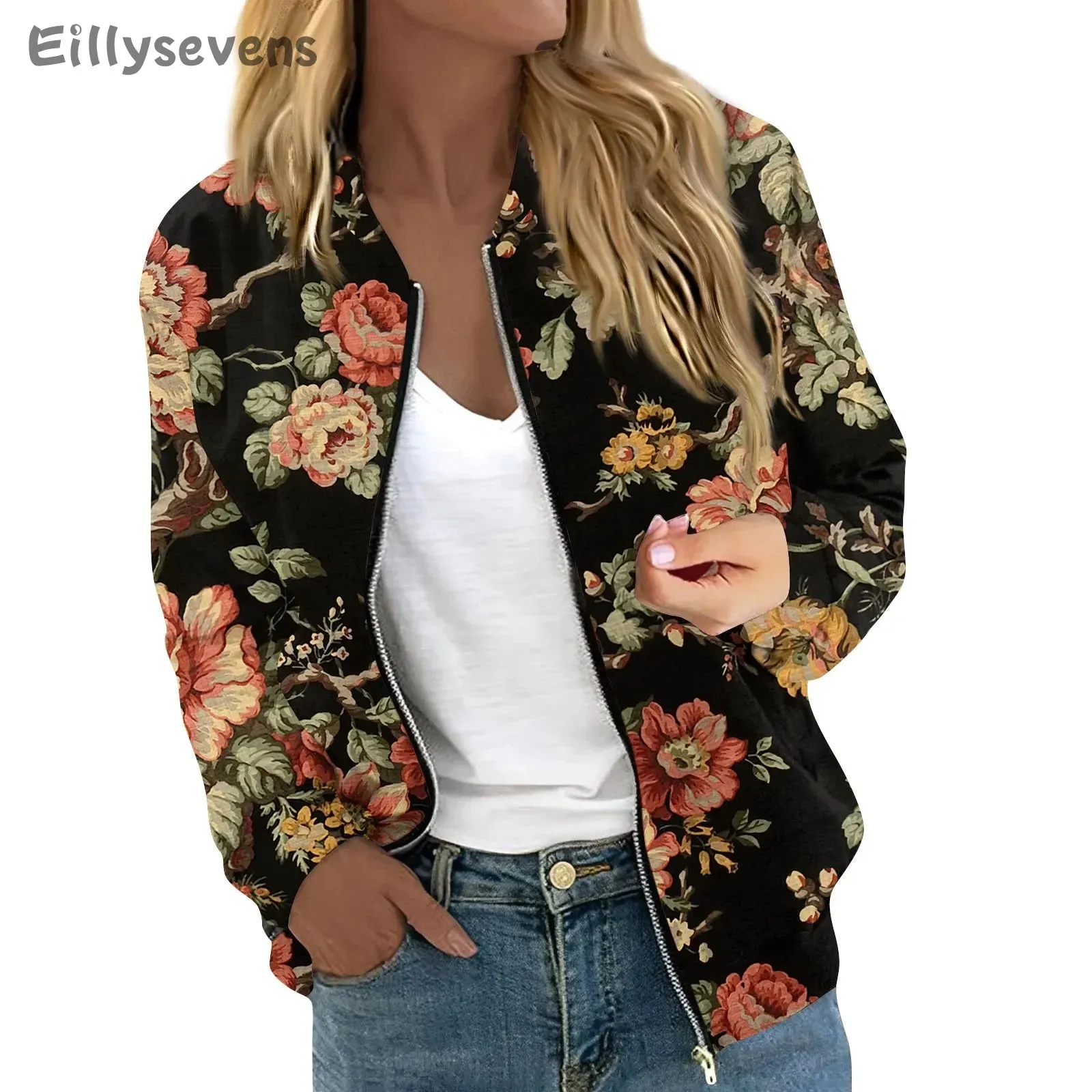 Women Elegant Zipper Bomber Jackets Floral Printed Casual Coat