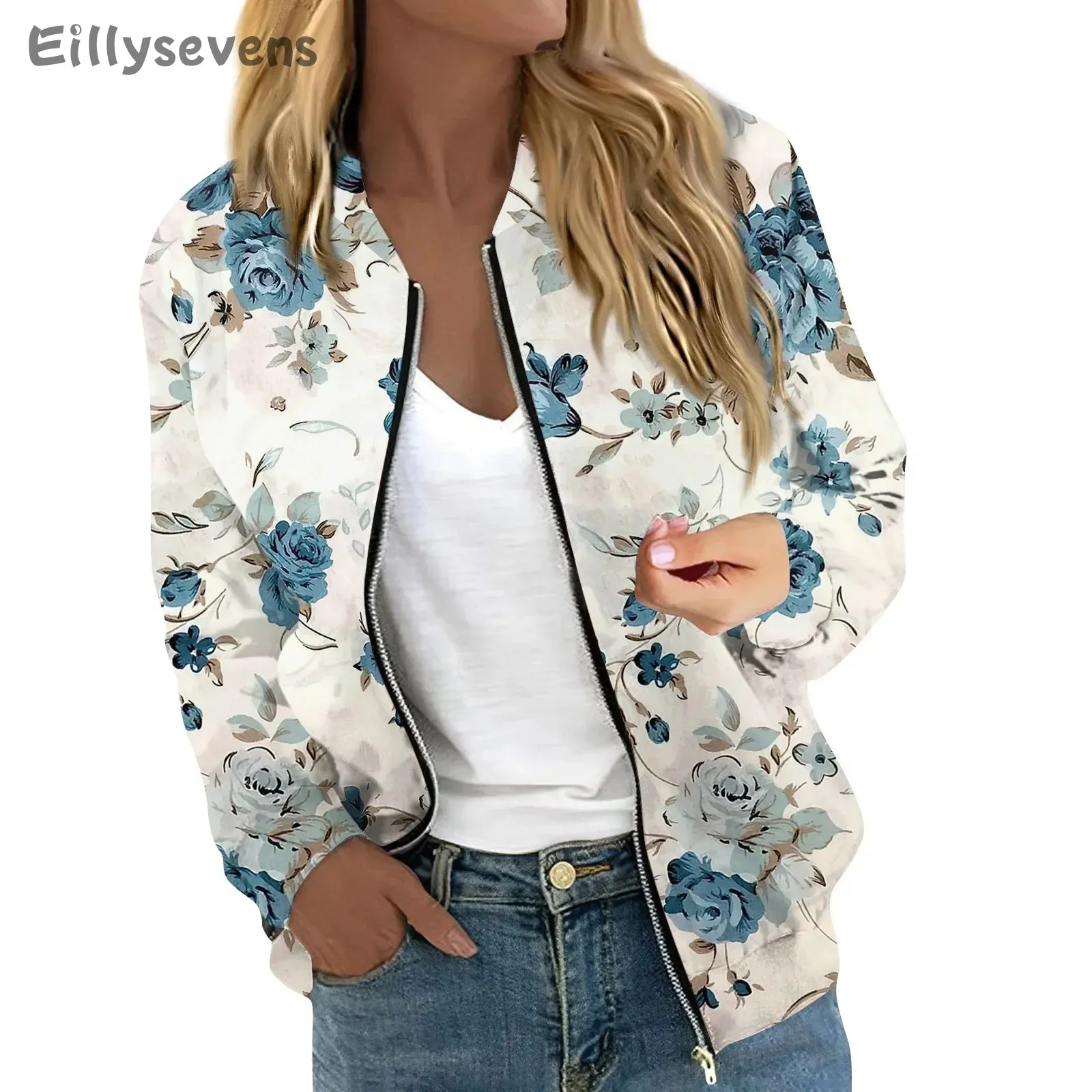 Women Elegant Zipper Bomber Jackets Floral Printed Casual Coat