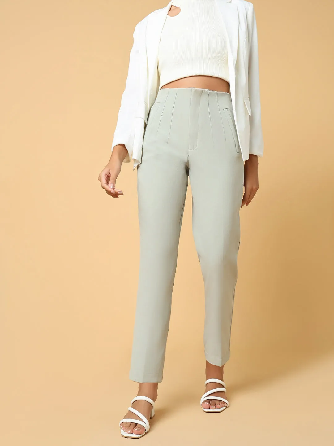 Women Solid Sea Green Formal Trouser