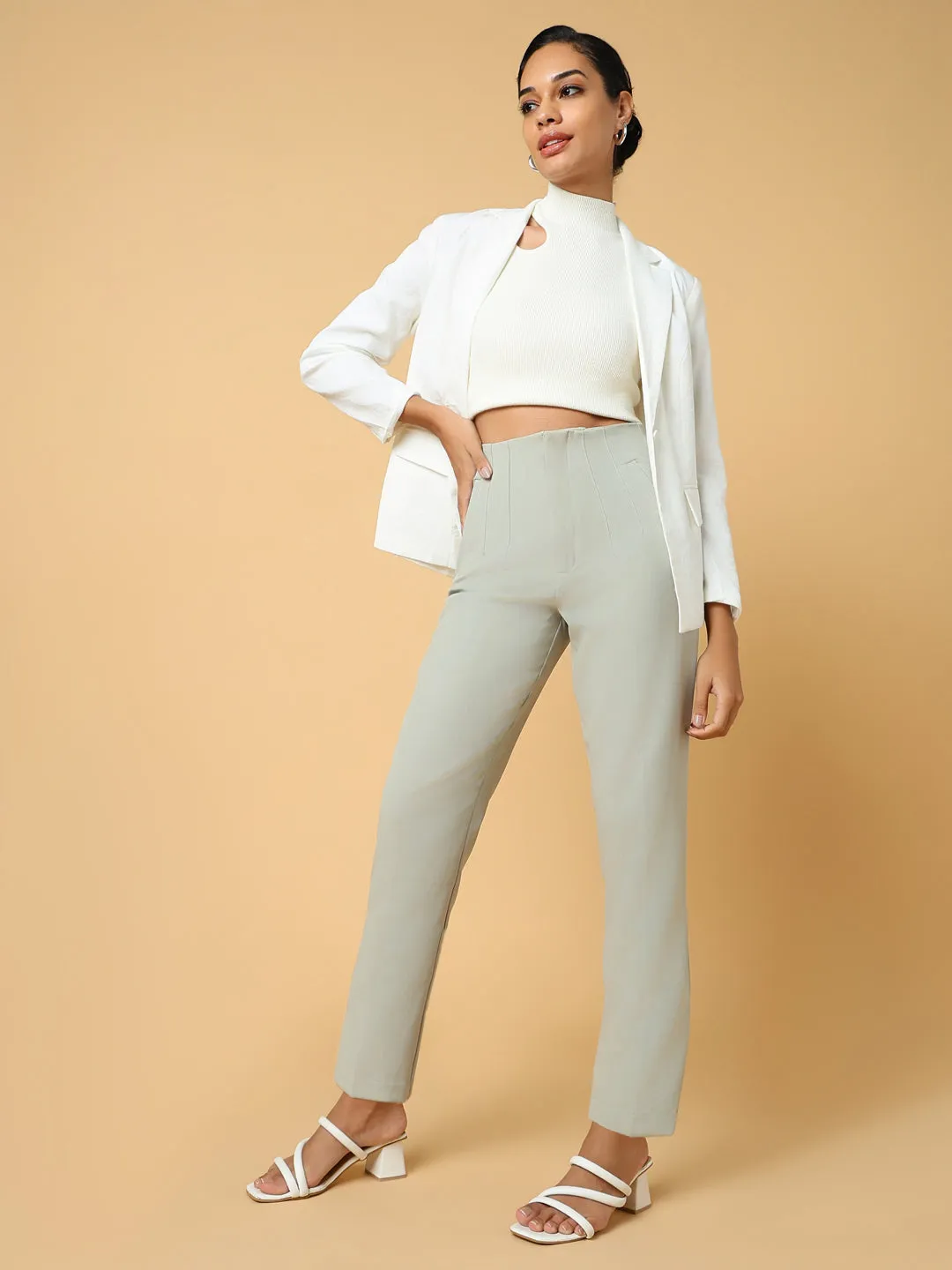 Women Solid Sea Green Formal Trouser