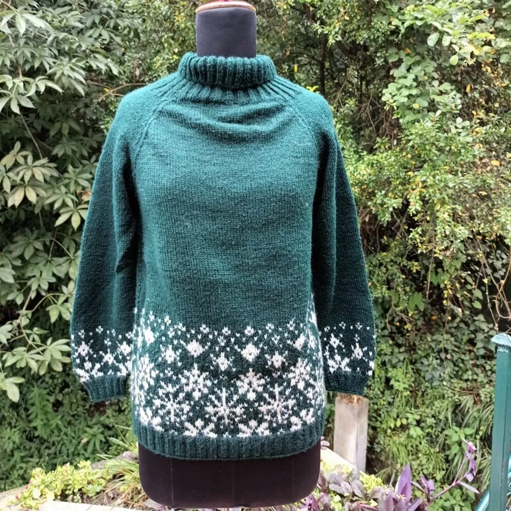 Women Woollen Sweater | Floral Motif | High Neck | Hand Knitted | Rama Green