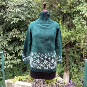 Women Woollen Sweater | Floral Motif | High Neck | Hand Knitted | Rama Green
