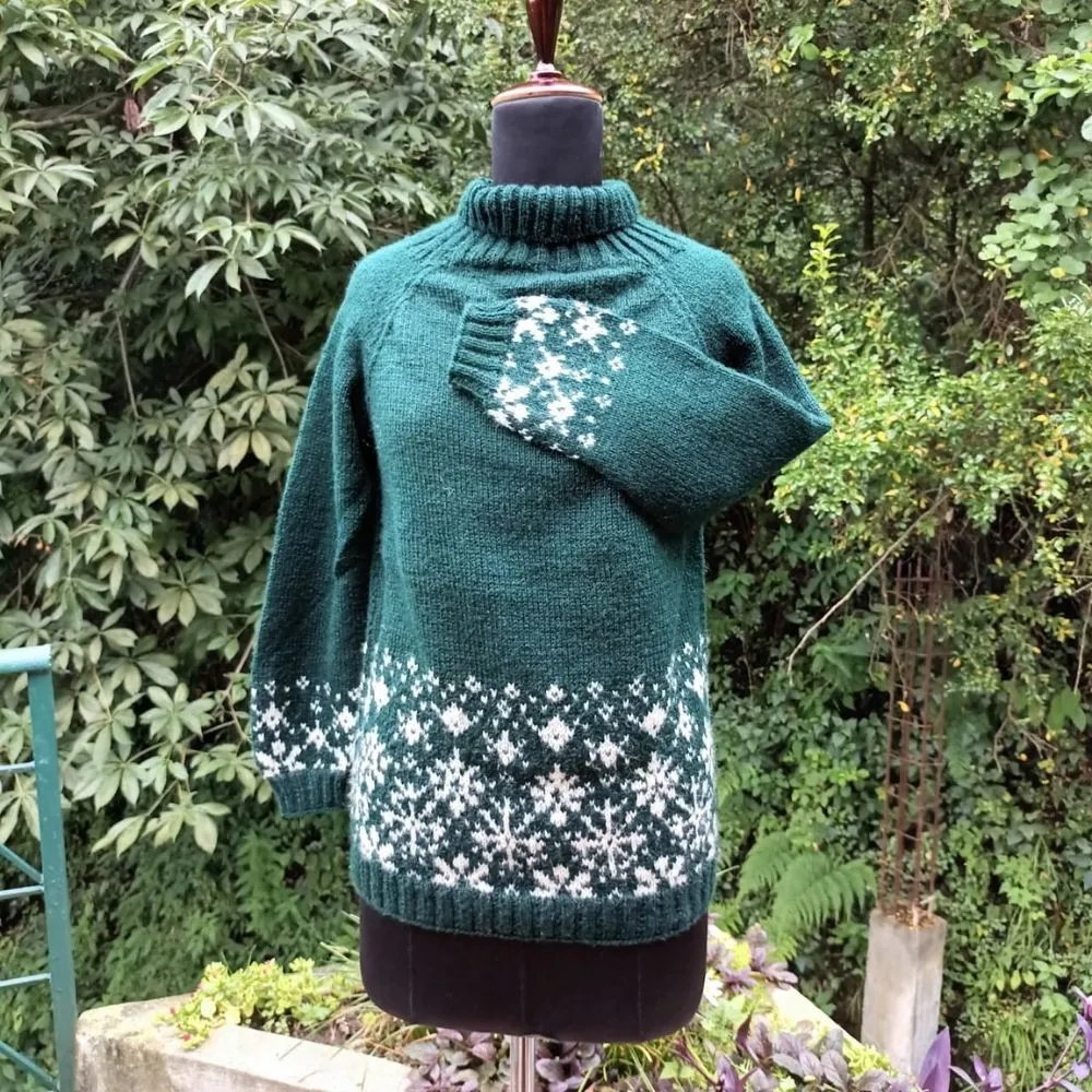 Women Woollen Sweater | Floral Motif | High Neck | Hand Knitted | Rama Green