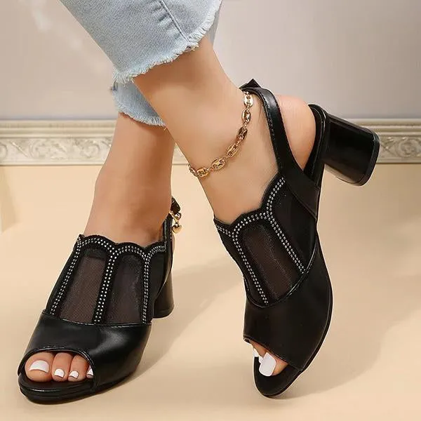 Women's Fashionable Mesh Buckle Strap Block Heel Sandals 61324049S