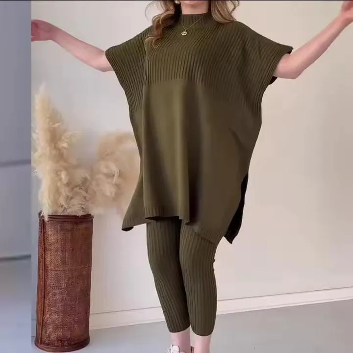 Women's Sweaters 2 Piece Set Short Sleeve Split Sweaters Loose Elastic Waist Pants   B197683