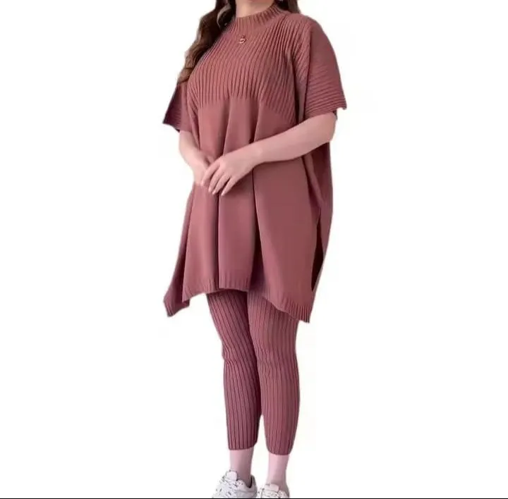 Women's Sweaters 2 Piece Set Short Sleeve Split Sweaters Loose Elastic Waist Pants   B197683