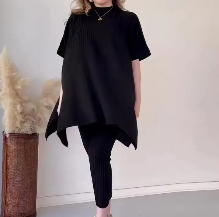 Women's Sweaters 2 Piece Set Short Sleeve Split Sweaters Loose Elastic Waist Pants   B197683