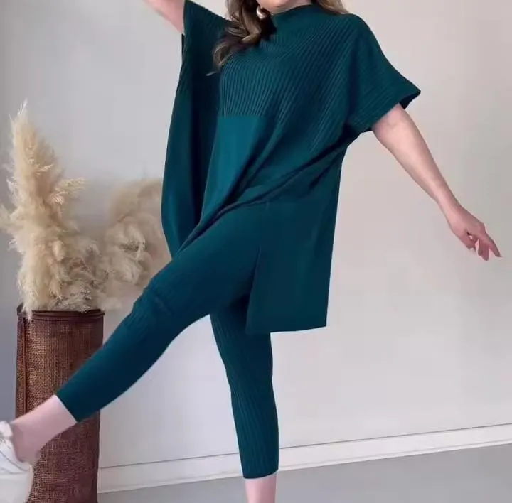 Women's Sweaters 2 Piece Set Short Sleeve Split Sweaters Loose Elastic Waist Pants   B197683