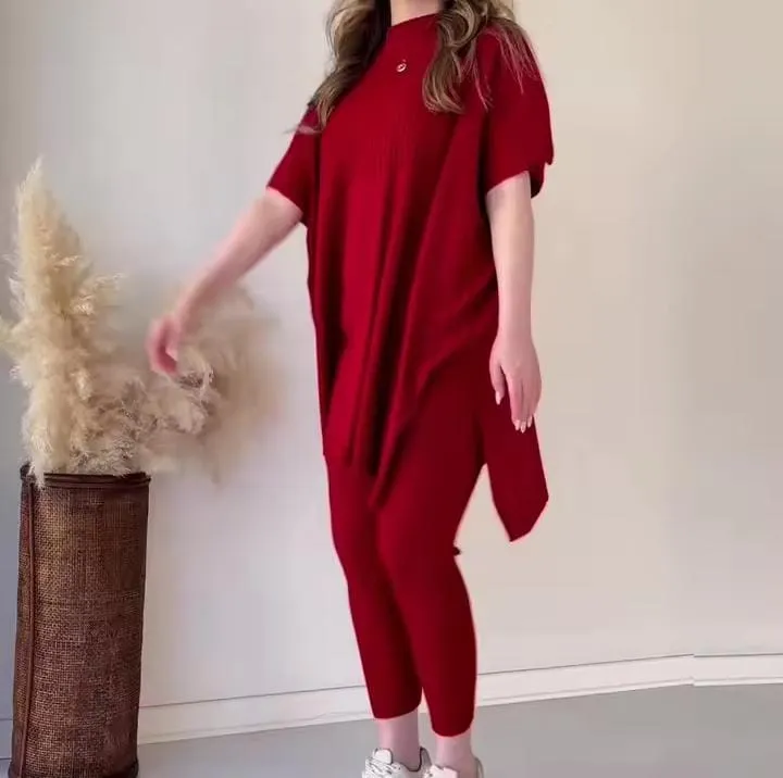 Women's Sweaters 2 Piece Set Short Sleeve Split Sweaters Loose Elastic Waist Pants   B197683
