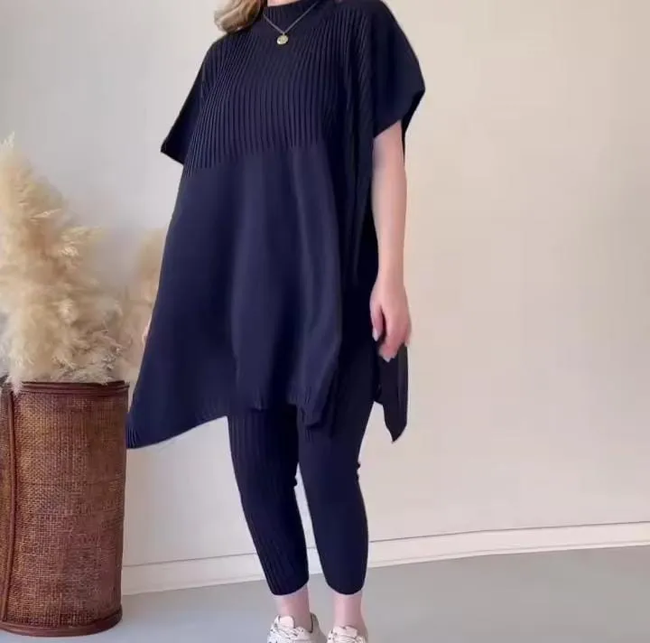 Women's Sweaters 2 Piece Set Short Sleeve Split Sweaters Loose Elastic Waist Pants   B197683
