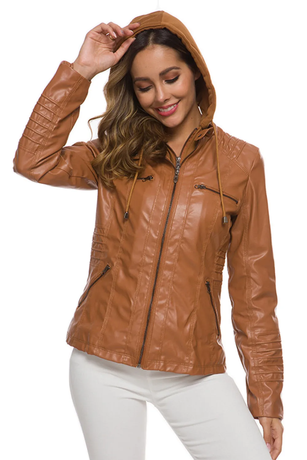 Zipper Front Hooded PU Leather Jacket