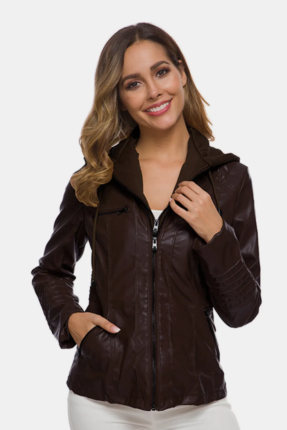 Zipper Front Hooded PU Leather Jacket