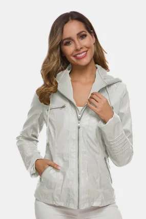 Zipper Front Hooded PU Leather Jacket