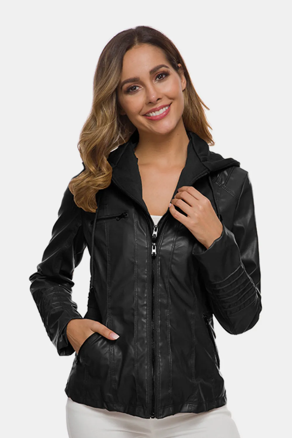 Zipper Front Hooded PU Leather Jacket